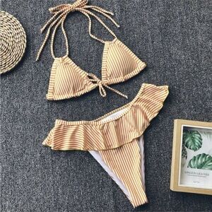 NWT - Yellow Stripes Ruffle Waisted Triangle Bikini Swim